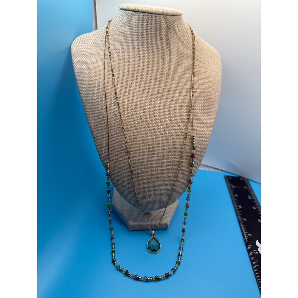 Teal Teardrop Layered Necklace Gold Tone Multi Color Beaded Boho Pendant 32 Inch